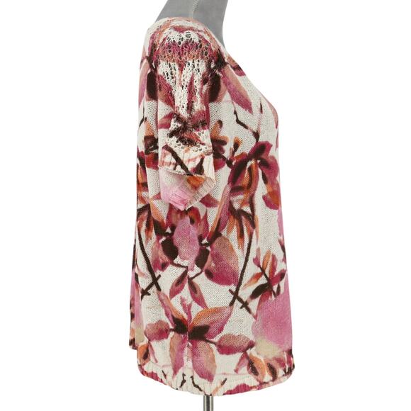 Chicos Sweater 2 Womens Large Ivory Pink Floral Cotton Knit Cap Sleeve Oversized - Picture 13 of 14